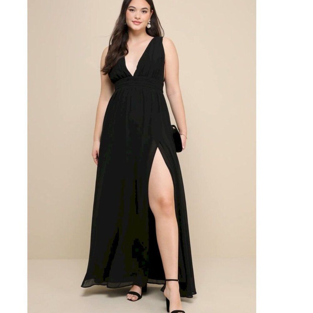 Lulu's Black V-Neck Maxi Dress with High Slit